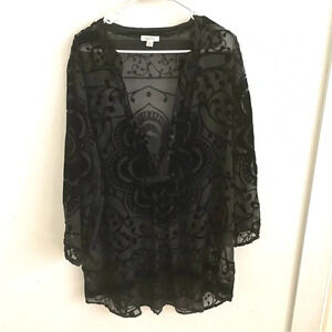 Garnet Hill semi sheer velvet 1/2 button up black blouse 18